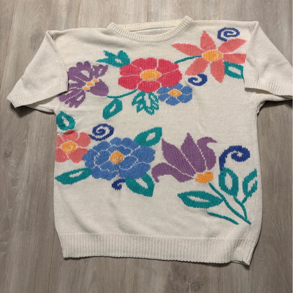 White Floral Knit Sweater with Colorful Blooms